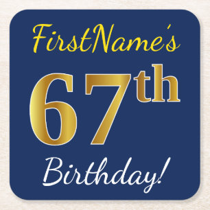 Dessous-de-verre Carré En Papier Blue, Faux Gold 67e anniversaire + Nom personnalis