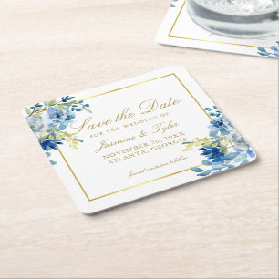 Dessous-de-verre Carré En Papier Blue Gold Floral Elegant Soirée Enregistrer la dat