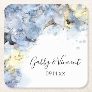 Dessous-de-verre Carré En Papier Blue Hydrangea Fleurs Mariage d'aquarelle