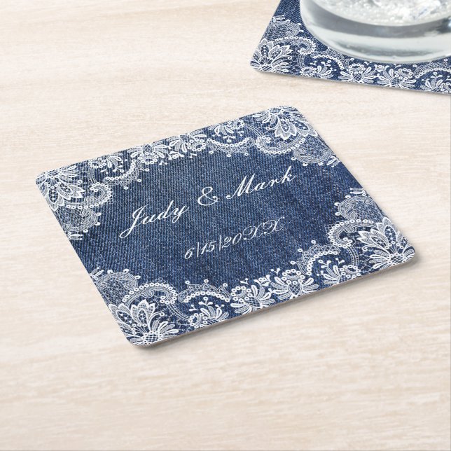 Dessous-de-verre Carré En Papier Blue Jean Denim Et Dentelle (Incliné)