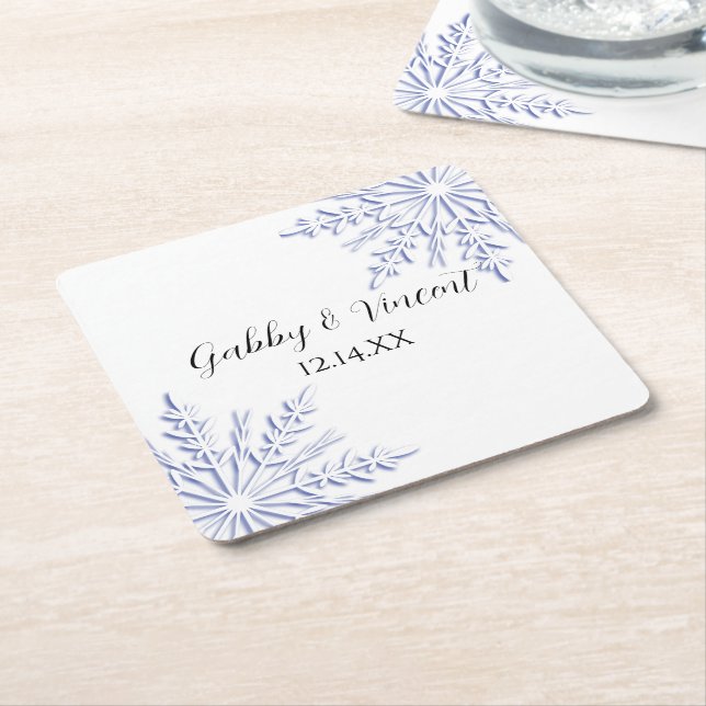 Dessous-de-verre Carré En Papier Blue Snowflakes on White Winter Wedding (Incliné)