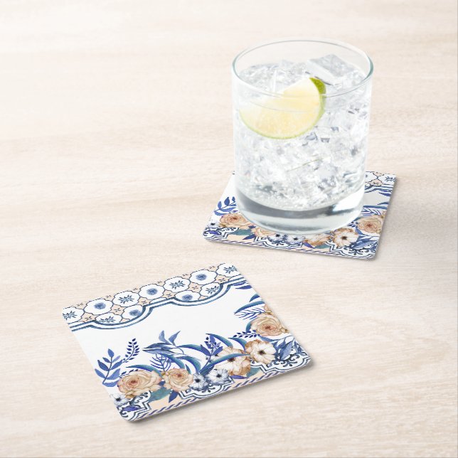 Dessous-de-verre Carré En Papier Blue Tiles Mediterranean Pattern  (En situation)