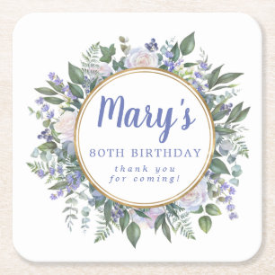 Dessous-de-verre Carré En Papier Blue White Floral 80e fête d'anniversaire