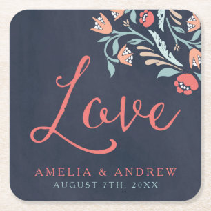 Dessous-de-verre Carré En Papier Bluish Chalkboard Floral Mariage Love
