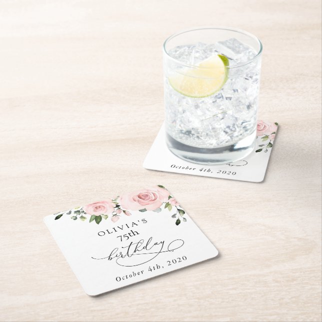 Dessous-de-verre Carré En Papier Blush Flowers, Pink Flowers, Greenery, Birthday (En situation)