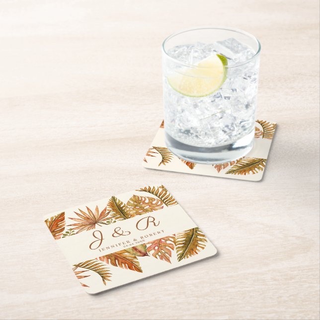 Dessous-de-verre Carré En Papier Boho Rustique Autumn Foliage Monogram Mariage (En situation)