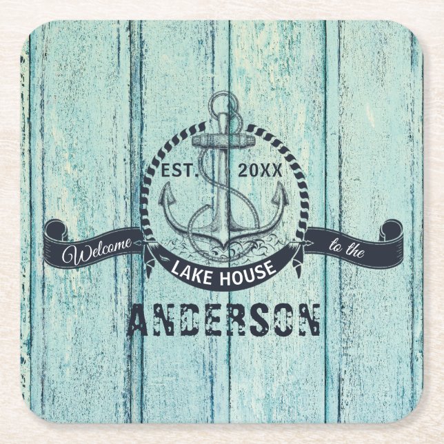 Dessous-de-verre Carré En Papier Bois bleu Bienvenue au Lake House (Devant)