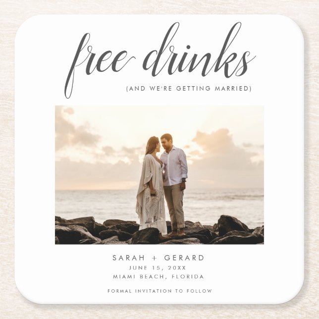 Dessous-de-verre Carré En Papier Boissons Gratuites Beach Wedding Photo Enregistrer (Devant)