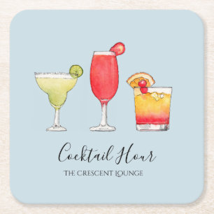 Dessous-de-verre Carré En Papier Boissons mignonnes cocktails en aquarelle