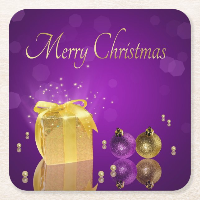 Dessous-de-verre Carré En Papier Boîte cadeau de Noël doré (Devant)
