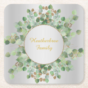 DESSOUS-DE-VERRE CARRÉ EN PAPIER BOÎTE DE COUPE DE LA BRANCHE EUCALYPTUS EN ARGENT 