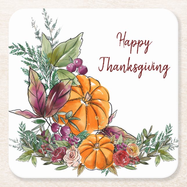 Dessous-de-verre Carré En Papier Bon thanksgiving aquarelle Citrouilles Automne (Devant)