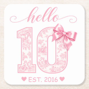 Dessous-de-verre Carré En Papier Bonjour 10 Anniversaire Rose Bonjour 10 Année pe