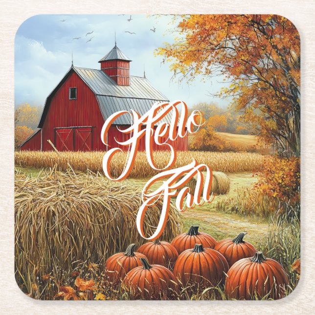 Dessous-de-verre Carré En Papier Bonjour Automne Thanksgiving Rural Grange Citrouil (Devant)