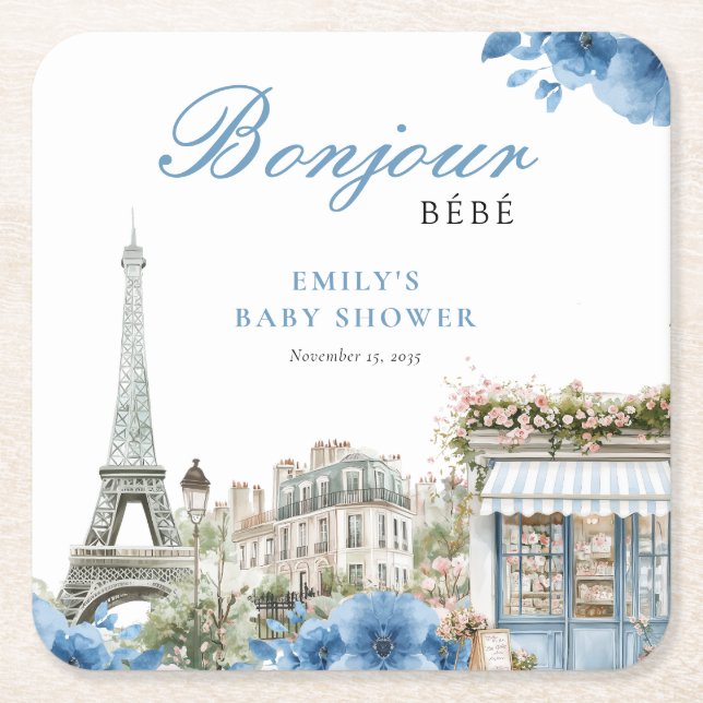 Dessous-de-verre Carré En Papier Bonjour Bebe French Blue Baby Shower (Devant)