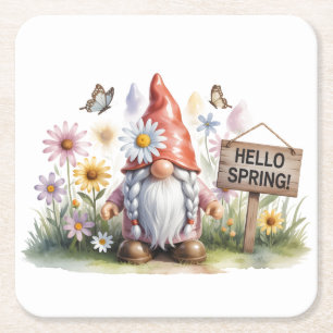 Dessous-de-verre Carré En Papier Bonjour Nain de Jardin du Printemps: Joli Nain ave