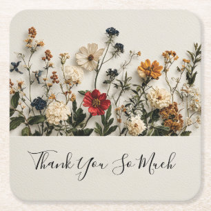 Dessous-de-verre Carré En Papier Bordure de fleurs sauvages pressées avec le texte