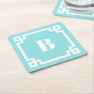 Dessous-de-verre Carré En Papier Bordure grecque en carré blanc Monogramme bleu aqu