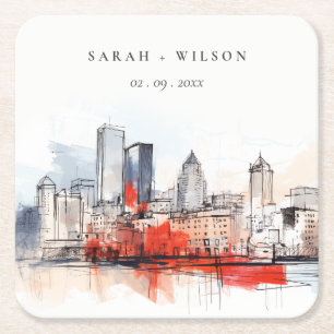 Dessous-de-verre Carré En Papier Boston Massachusetts City Scape Mariage d'aquarell
