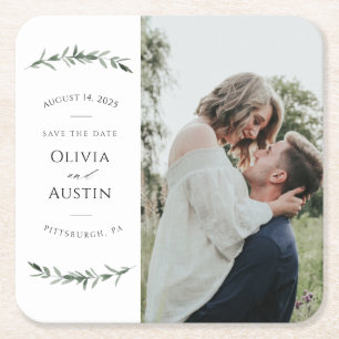 Dessous-de-verre Carré En Papier Botanique verte feuillue Enregistrer la date