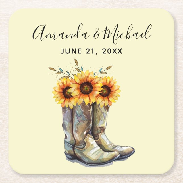 Dessous-de-verre Carré En Papier Bottes rustiques Cowboy avec Mariage Sunflower (Devant)