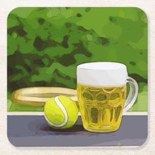 Dessous-de-verre Carré En Papier Boule de tennis et verre de bière aquarelle sur ve