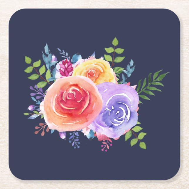 Dessous-de-verre Carré En Papier Bouquet de fleurs Rose aquarelle (Devant)