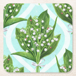 Dessous-de-verre Carré En Papier Bouquet de lis de la vallée fleurs sur le bleu