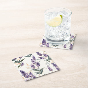 Dessous-de-verre Carré En Papier Bouquets de Lavande Aquarelle Botanique Fleur Viol