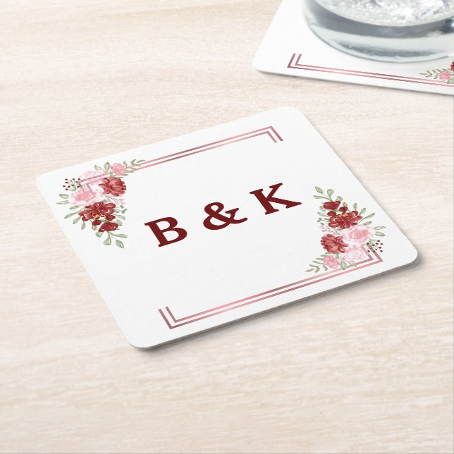 Dessous-de-verre Carré En Papier Bourgogne et Rose Floral Mariage (Incliné)