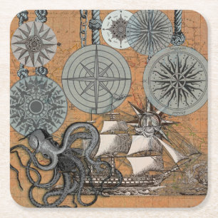 Dessous-de-verre Carré En Papier Boussole Rose Vintage Nautique Octopus Ship