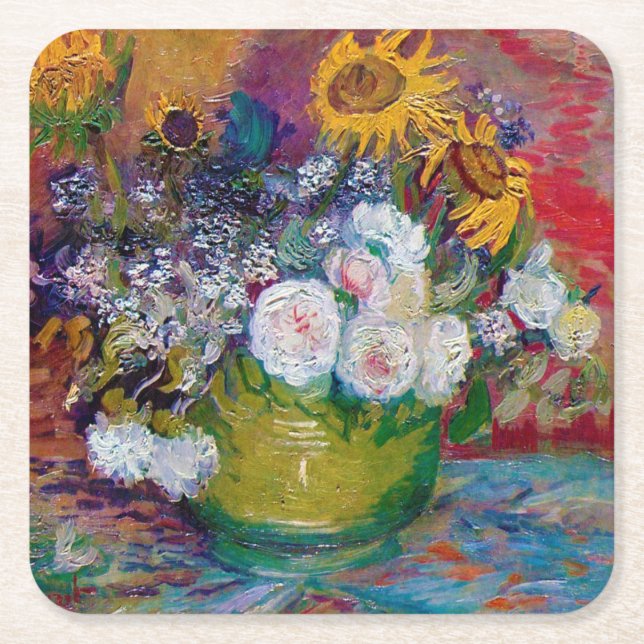 Dessous-de-verre Carré En Papier Bowl avec fleurs, Van Gogh (Devant)