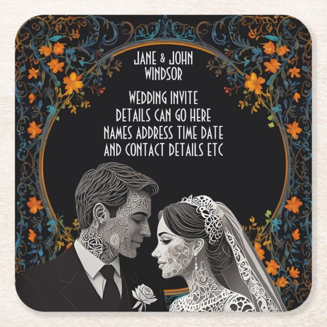 Dessous-de-verre Carré En Papier Bride & Groom délicat classique (Devant)