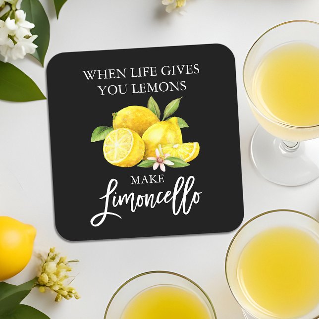 Dessous-de-verre Carré En Papier Brosse Script Aquarelle Noire Citrons Limoncello (Customize to change your personalized text size, text style or background color.)