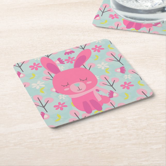 Dessous-de-verre Carré En Papier Bunnies et fleurs roses (Incliné)