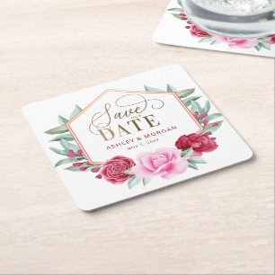 Dessous-de-verre Carré En Papier Burgundy Blush Gold Floral Enregistrer la date