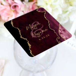 Dessous-de-verre Carré En Papier Burgundy Red Agate Gold Script Mariage