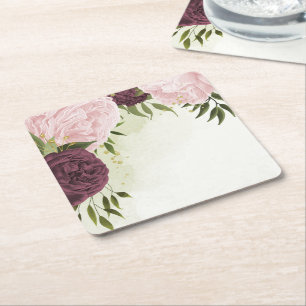 Dessous-de-verre Carré En Papier cabernet rose fleurs verdure mariage