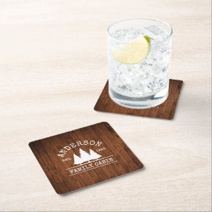 Dessous-de-verre Carré En Papier Cabine Nom de famille Rustic Wood Forest