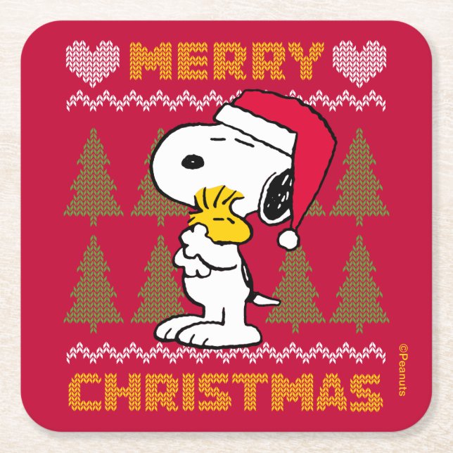 Dessous-de-verre Carré En Papier cacahuètes | Snoopy & Woodstock Santa Claus Hug (Devant)