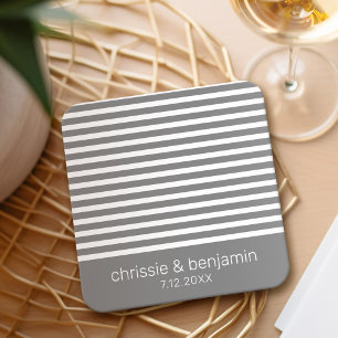 Dessous-de-verre Carré En Papier Cadeau de mariage Mariée Marié Date Rayures Gris B