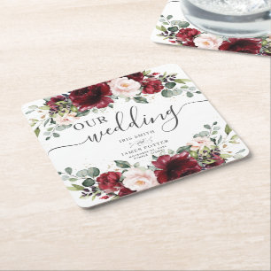 Dessous-de-verre Carré En Papier Cadeau de remerciement de mariage floral rose et b