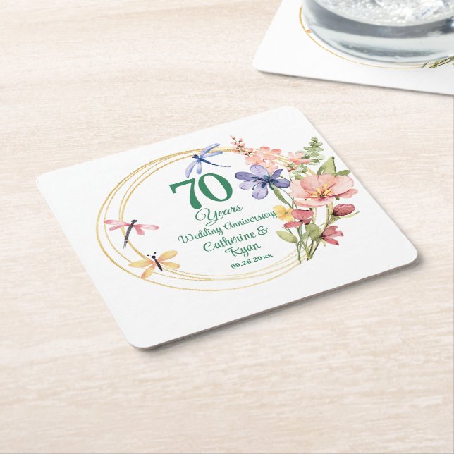 Dessous-de-verre Carré En Papier Cadre doré pour les 70 ans de mariage  (Incliné)
