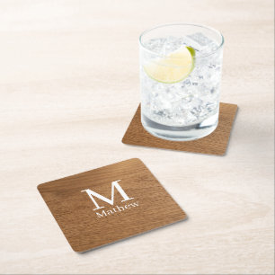 Dessous-de-verre Carré En Papier cadre en bois marron motif monogramme nom rustique