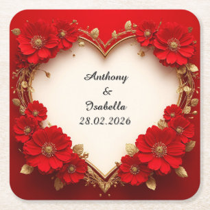 Dessous-de-verre Carré En Papier Cadre floral rouge en forme de cœur avec paillette