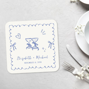 Dessous-de-verre Carré En Papier Cadre ondulé bleu fantaisie Crème Mariage