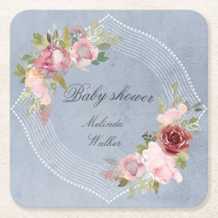 Dessous-de-verre Carré En Papier cadre rustique baby shower à fleurs bordeaux rose