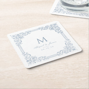 Dessous-de-verre Carré En Papier Cadre Vintage Bleu Poussiéreux Élégant Monogramme