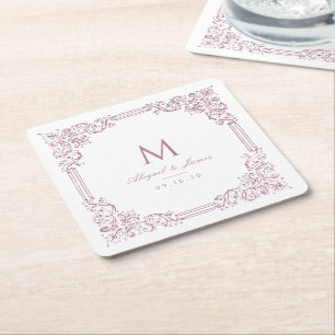 Dessous-de-verre Carré En Papier Cadre Vintage Rose Poussiéreux Élégant Monogramme