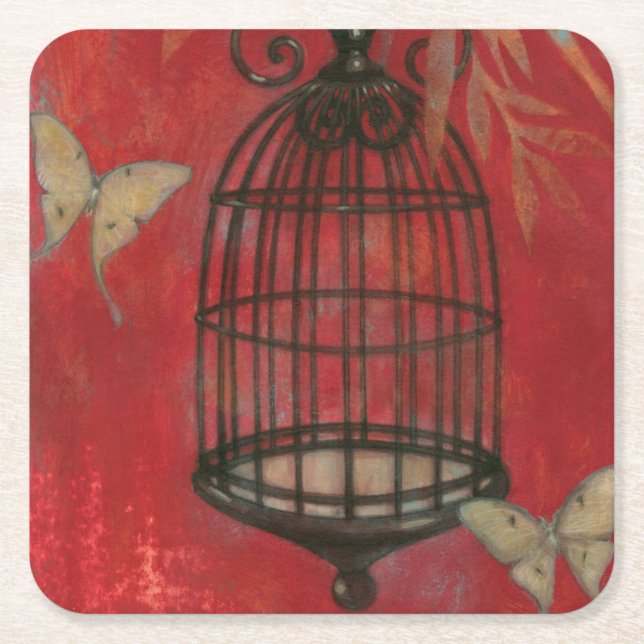 Dessous-de-verre Carré En Papier Cage à oiseaux décorative avec des papillons (Devant)